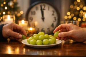 People eating 12 grapes at midnight as part of the New Year ritual for luck, prosperity, and happiness across all 12 months