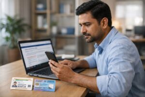 Middle-class Indian man checking Aadhaar PAN link status on laptop and smartphone at a desk, with Aadhaar card and PAN card placed beside him in a modern government office-style setting.