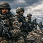 Indian Army soldiers standing alert on a rocky Himalayan ridge in eastern Ladakh during the Apoorva Lakhia Battle of Galwan cinematic war scene, wearing winter combat uniforms under a dramatic cloudy sky.