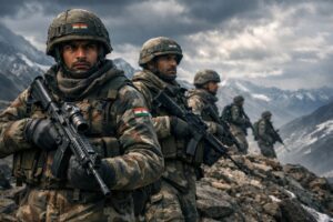 Indian Army soldiers standing alert on a rocky Himalayan ridge in eastern Ladakh during the Apoorva Lakhia Battle of Galwan cinematic war scene, wearing winter combat uniforms under a dramatic cloudy sky.
