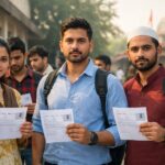 BPSC Aedo exam date 2025 admit card aspirants standing outside a government examination center in Bihar, holding printed hall tickets, early morning exam atmosphere, realistic news photography style