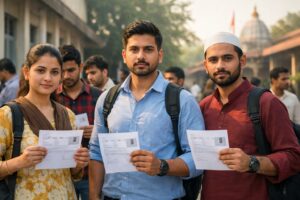 BPSC Aedo exam date 2025 admit card aspirants standing outside a government examination center in Bihar, holding printed hall tickets, early morning exam atmosphere, realistic news photography style