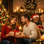 Christmas 2025 celebration with a decorated Christmas tree, warm lights, and family members exchanging gifts in a cozy festive home setting