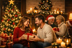 Christmas 2025 celebration with a decorated Christmas tree, warm lights, and family members exchanging gifts in a cozy festive home setting