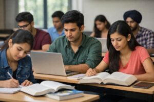 Indian pharmacy students preparing for GPAT exam 2026 in a modern classroom with books and laptops