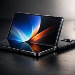 Apple iPhone Fold concept shown half-open on a dark surface, highlighting its flexible OLED display, premium hinge design, and sleek foldable form factor.