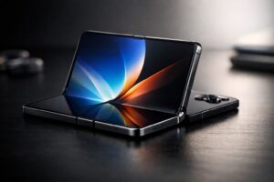 Apple iPhone Fold concept shown half-open on a dark surface, highlighting its flexible OLED display, premium hinge design, and sleek foldable form factor.