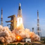 ISRO LVM3 M6 BlueBird rocket lifting off from Sriharikota launch pad, flames and smoke at liftoff, clear sky, Indian spaceport, professional news photography style, Google Discover optimized