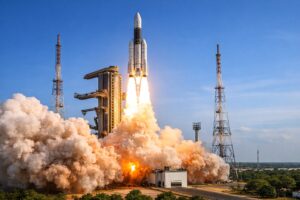 ISRO LVM3 M6 BlueBird rocket lifting off from Sriharikota launch pad, flames and smoke at liftoff, clear sky, Indian spaceport, professional news photography style, Google Discover optimized