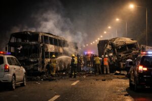 Karnataka Chitradurga bus accident on NH-48 where a sleeper bus caught fire after colliding with a truck