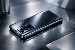 Realme 16 Pro smartphone with premium design and advanced camera setup showcased in a modern studio-style background