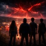 Stranger Things final episode cinematic scene showing Hawkins town and the Upside Down during the series finale