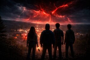 Stranger Things final episode cinematic scene showing Hawkins town and the Upside Down during the series finale