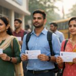 TS TET hall ticket download 2026 exam day scene with candidates holding admit cards outside Telangana exam center