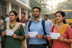 TS TET hall ticket download 2026 exam day scene with candidates holding admit cards outside Telangana exam center