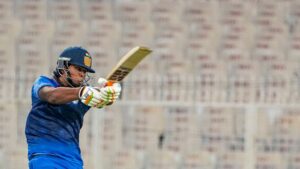 Vaibhav Sooryavanshi playing a powerful shot during his record-breaking innings in domestic cricket