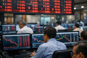 Adani stocks decline on Indian stock market screens amid legal concerns affecting Adani Group shares