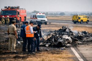 Ajit Pawar plane crash site near Baramati airport during investigation