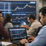 Amagi Media Labs IPO GMP grey market premium analysis with investors tracking IPO performance on screens ahead of stock market listing