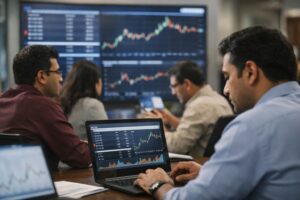 Amagi Media Labs IPO GMP grey market premium analysis with investors tracking IPO performance on screens ahead of stock market listing