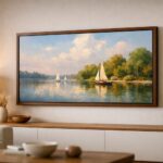 Amazon Ember Artline TV displayed as a wall-mounted lifestyle smart television with ambient art mode in a modern living room