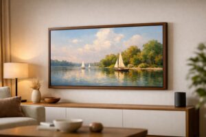 Amazon Ember Artline TV displayed as a wall-mounted lifestyle smart television with ambient art mode in a modern living room