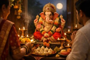 Devotees performing Lord Ganesha puja on Angarki Chaturthi 2026 with offerings and moonrise rituals