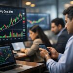 Bharat Coking Coal IPO GMP today price displayed on digital stock screens in a professional Indian stock market newsroom, investors checking laptops and smartphones, modern trading environment, high-resolution financial photography