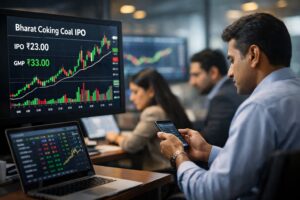 Bharat Coking Coal IPO GMP today price displayed on digital stock screens in a professional Indian stock market newsroom, investors checking laptops and smartphones, modern trading environment, high-resolution financial photography