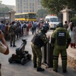 Police and bomb disposal squad inspecting a school campus in Gurgaon after bomb threat emails triggered evacuation and security alert
