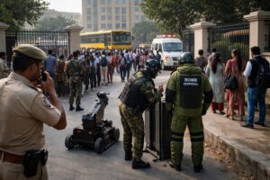 Police and bomb disposal squad inspecting a school campus in Gurgaon after bomb threat emails triggered evacuation and security alert