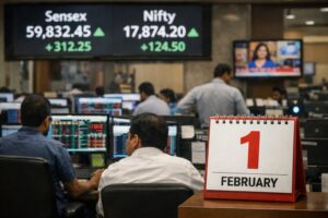 Traders monitoring live market screens as BSE stock market open on February 1 during Union Budget 2026.