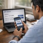 epfo upi withdrawal process shown as an employee uses a smartphone UPI app to access provident fund money digitally