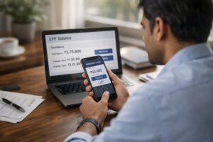 epfo upi withdrawal process shown as an employee uses a smartphone UPI app to access provident fund money digitally