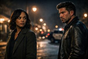 His and Hers Netflix reviews image showing a journalist and detective in a tense psychological thriller setting on Netflix