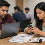 A realistic examination scene showing Indian government job aspirants checking the IB MTS exam admit card details on a laptop and mobile phone, with exam documents placed on a desk in a professional news setting.