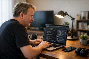 Linus Torvalds coding with AI assistance, demonstrating the concept of linus torvalds vibe coding in a modern home office.