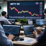 Traders observing Nifty 50 digital stock charts as the index falls amid weak global cues and foreign fund selling.