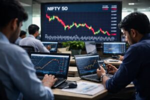 Traders observing Nifty 50 digital stock charts as the index falls amid weak global cues and foreign fund selling.