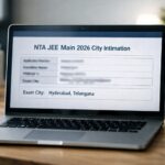 Screenshot of the NTA JEE Main 2026 City Intimation Slip showing exam city details on a computer screen.