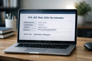 Screenshot of the NTA JEE Main 2026 City Intimation Slip showing exam city details on a computer screen.
