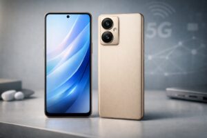 Oppo A6 Pro 5G smartphone showcased on a modern surface featuring a large display, premium matte finish, dual camera setup, and 5G connectivity design