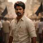 Determined male protagonist in 1960s attire standing amid a peaceful protest in vintage Tamil Nadu, inspired by Parasakthi movie review