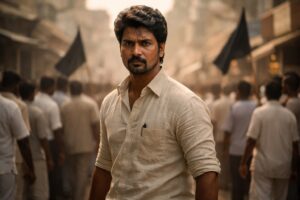 Determined male protagonist in 1960s attire standing amid a peaceful protest in vintage Tamil Nadu, inspired by Parasakthi movie review