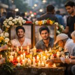 Fans paying tribute to Sushant Singh Rajput on his birth anniversary with candles, flowers, and photos at a memorial.