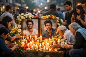 Fans paying tribute to Sushant Singh Rajput on his birth anniversary with candles, flowers, and photos at a memorial.