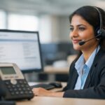 A professional Indian call center executive providing support, representing the new india assurance customer care number, with a headset, computer, and telephone in a modern office setting.