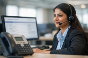 A professional Indian call center executive providing support, representing the new india assurance customer care number, with a headset, computer, and telephone in a modern office setting.