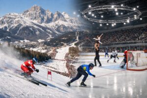 2026 Winter Olympics in Italy showing Milano Cortina venues with athletes competing in winter olympics events and global audience focus
