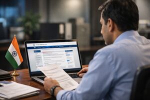 8th Pay Commission website displayed on a laptop screen with central government employee reviewing salary and pension consultation details